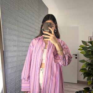 Çizgili Oversize Pembe Poplin Gömlek